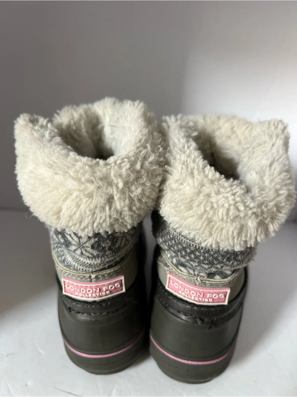 London Fog Kids Winter Snow Boots Faux Fur Gray Pink Size 8